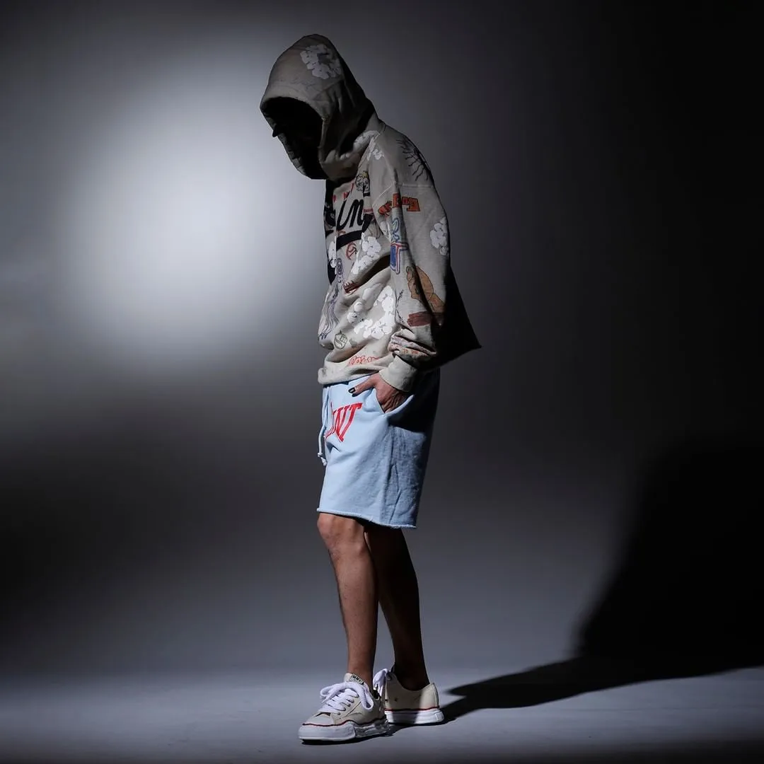 DENIM TEARS × ©SAINT M×××××× "SAINT TEARS" Graffiti Hoodie Joint Model Cotton Graffiti Hoodie Fully Printed Washed Distressed Holes Vintage Sweatshirt Gray S-XL Super Heavy Duty! The whole piece is printed with 35 screens and counterpoint printing!